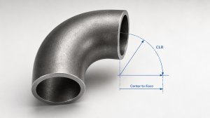 90-degree steel pipe elbow with labeled centerline radius and center-to-face dimensions