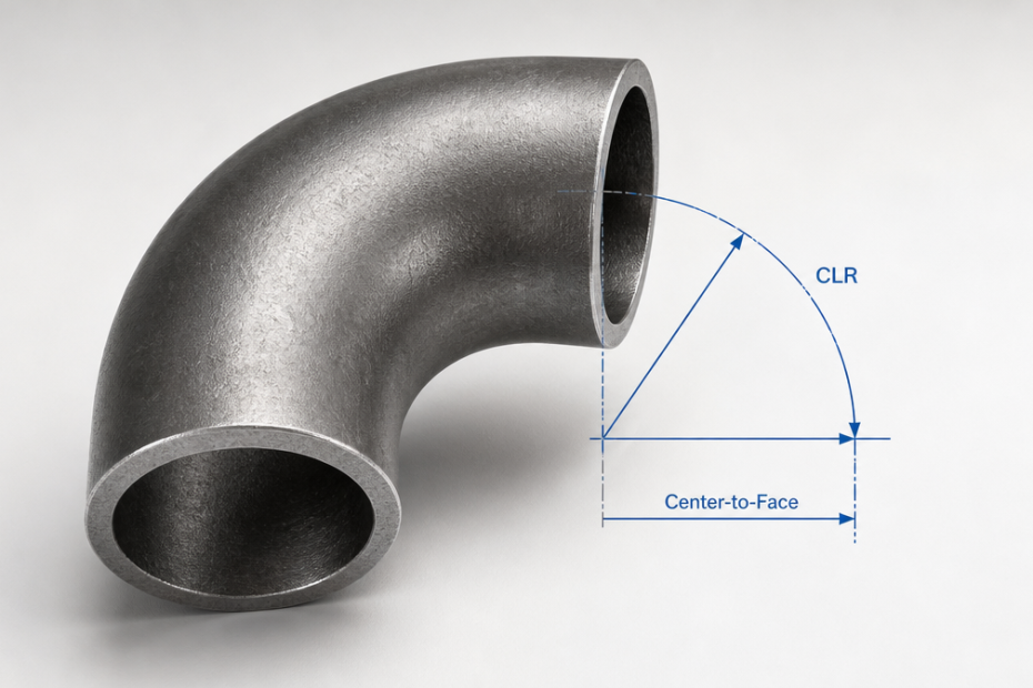 90-degree steel pipe elbow with labeled centerline radius and center-to-face dimensions