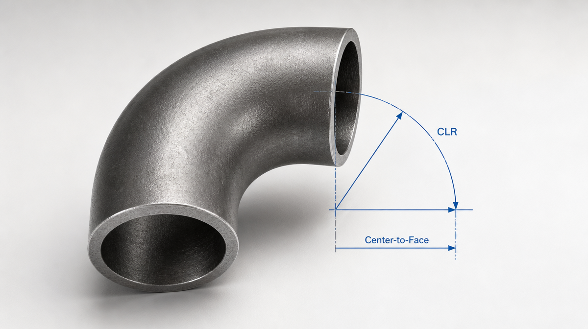 90-degree steel pipe elbow with labeled centerline radius and center-to-face dimensions
